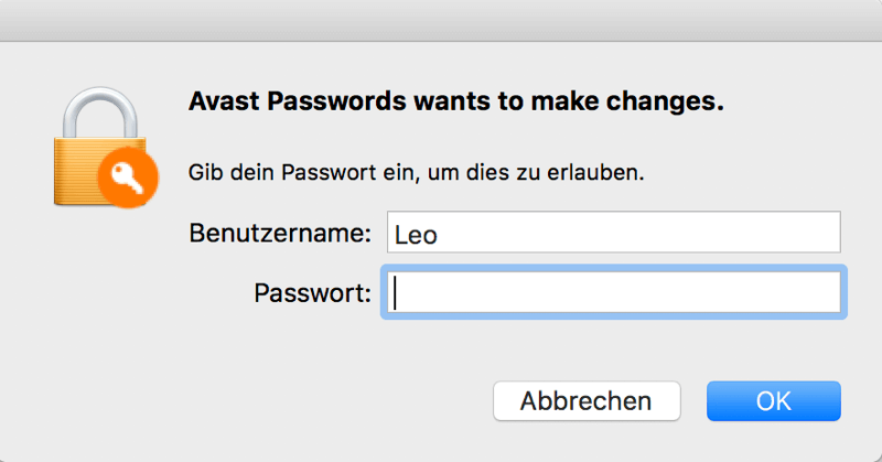 Mac Passwort zum Deinstallieren Avast eingeben