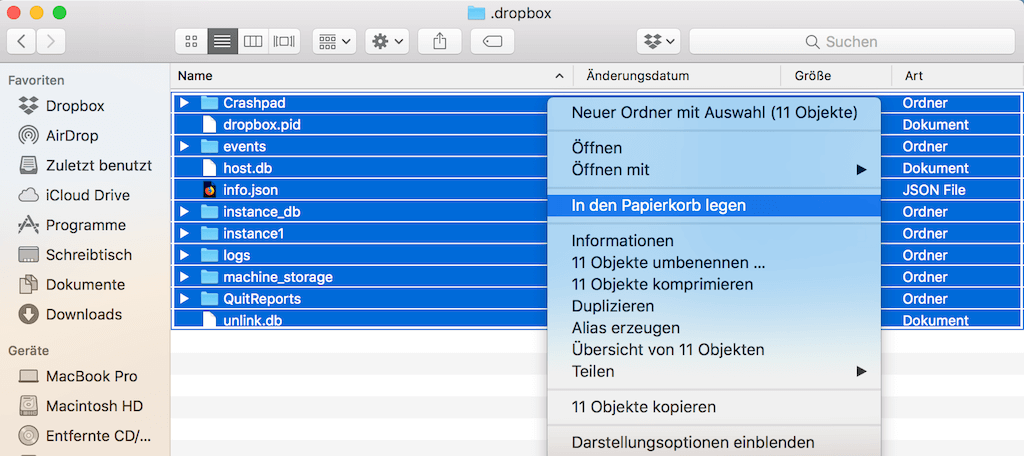 Dropbox-App-Daten löschen Mac