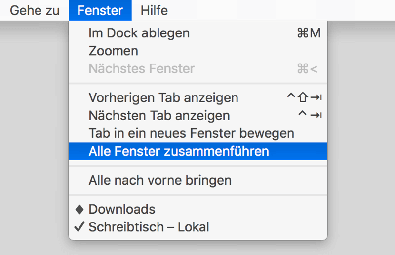 Alle Fenster zusammenführen in Mac Finder