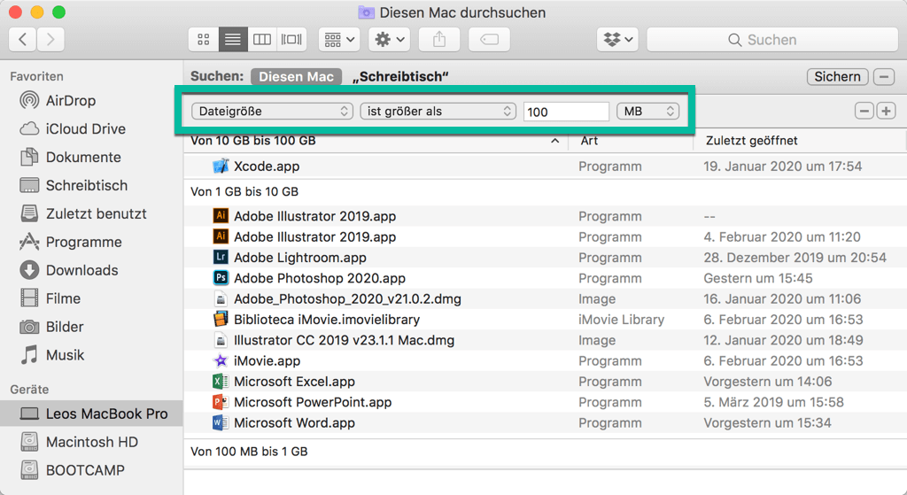 Mac große Dateien suchen in Finder