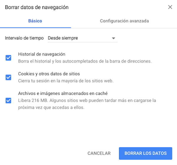 Borrar caché de Google Chrome