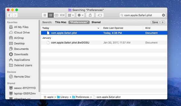 Eliminar archivos llamadas com.apple.Safari