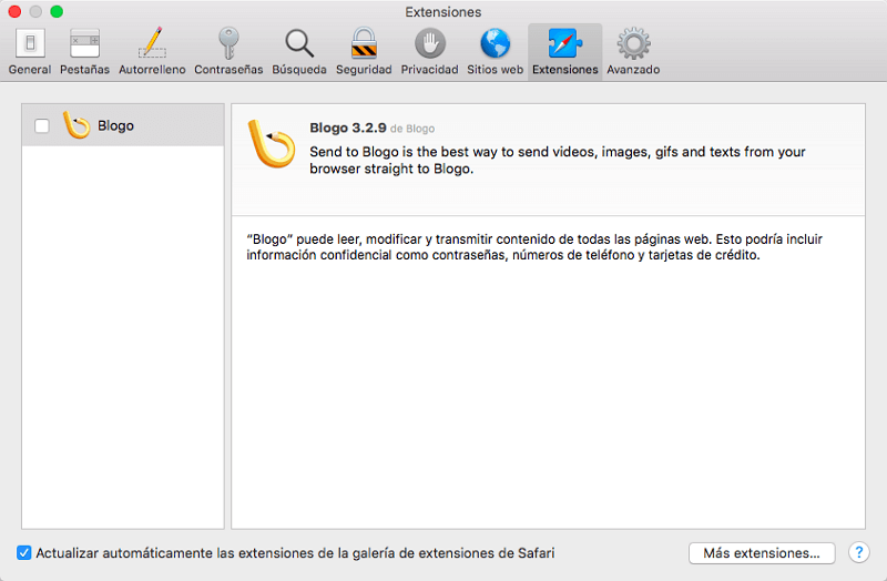 Eliminar las extensiones de Safari de Mac