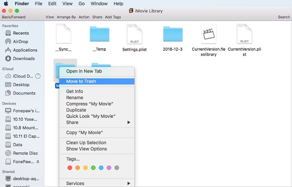 Delete iMovie Library Folder