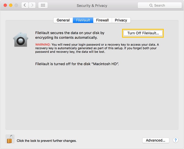Turn off FileVault | erase macbook pro