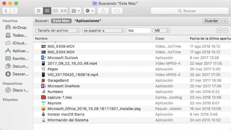 Buscar los archivos grandes en carpetas en Mac